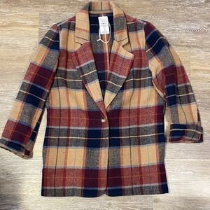 Fornia Plaid Women's blazer Jacket in Red, Blue, and Tan